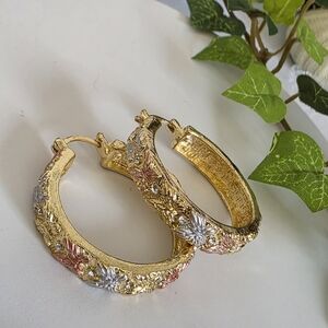 Gold Filled Hoop Earrings Butterfly and Greek Key Design